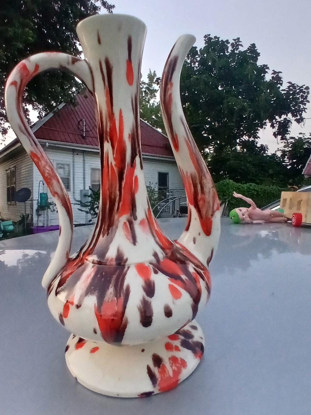 Vintage Ceramic Ewer Vase in White with Red & Brown Accents